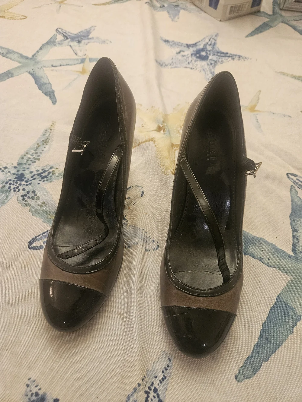 Lauren Ralph Lauren Brown and Black Cap-Toe Mary Jane Pumps. Very Good Condition